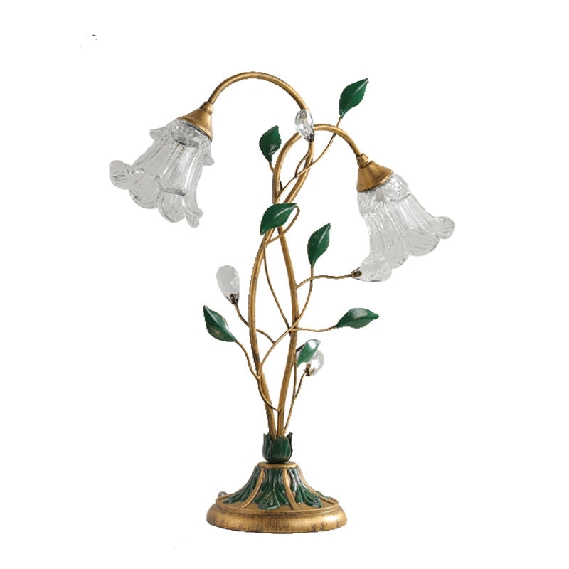 Traditional Vintage Double-Headed Flower Vine Iron Crystal Glass 2-Light Table Lamp For Bedroom