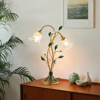 Traditional Vintage Double-Headed Flower Vine Iron Crystal Glass 2-Light Table Lamp For Bedroom