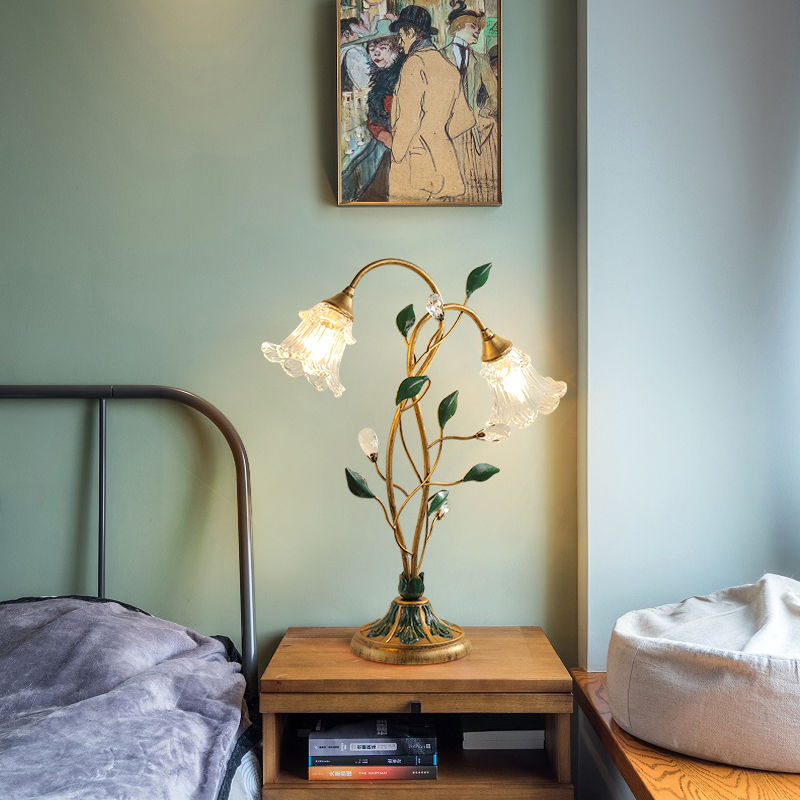 Traditional Vintage Double-Headed Flower Vine Iron Crystal Glass 2-Light Table Lamp For Bedroom
