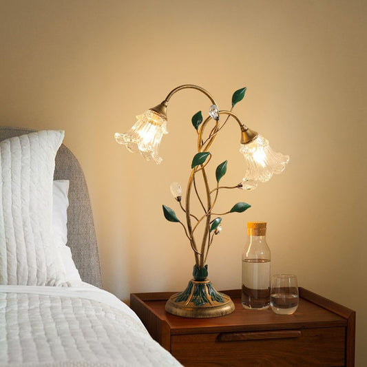 Traditional Vintage Double-Headed Flower Vine Iron Crystal Glass 2-Light Table Lamp For Bedroom