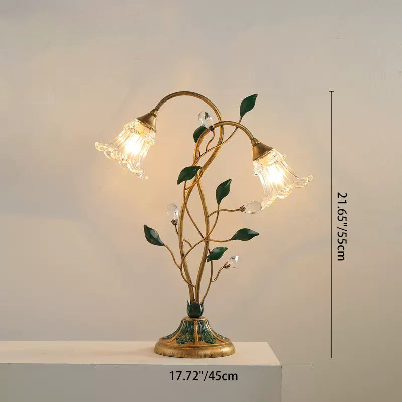 Traditional Vintage Double-Headed Flower Vine Iron Crystal Glass 2-Light Table Lamp For Bedroom