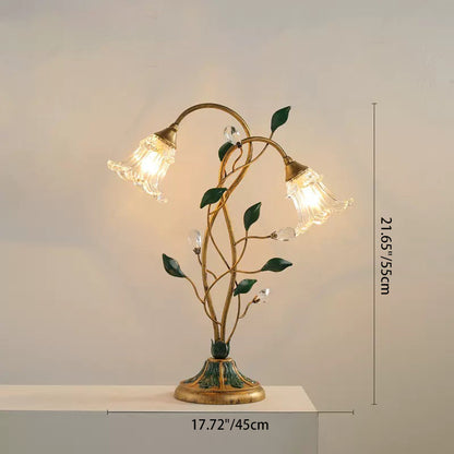 Traditional Vintage Double-Headed Flower Vine Iron Crystal Glass 2-Light Table Lamp For Bedroom