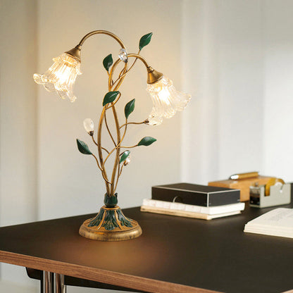 Traditional Vintage Double-Headed Flower Vine Iron Crystal Glass 2-Light Table Lamp For Bedroom
