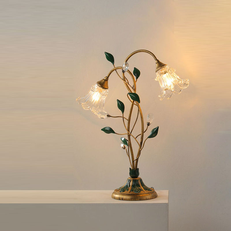 Traditional Vintage Double-Headed Flower Vine Iron Crystal Glass 2-Light Table Lamp For Bedroom