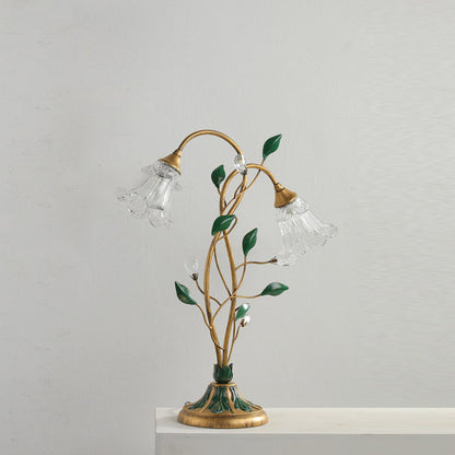 Traditional Vintage Double-Headed Flower Vine Iron Crystal Glass 2-Light Table Lamp For Bedroom