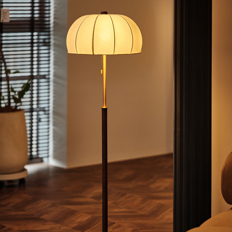 Traditional Vintage Jellyfish-Shaped Iron Ash Wood Fabric 3-Light Standing Floor Lamp For Bedroom