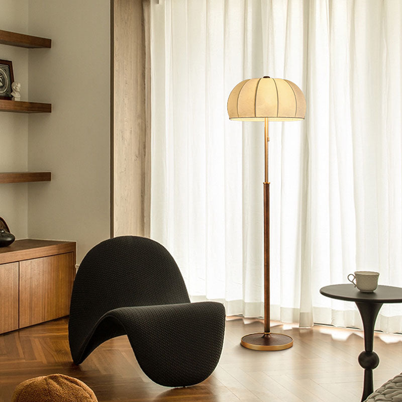 Traditional Vintage Jellyfish-Shaped Iron Ash Wood Fabric 3-Light Standing Floor Lamp For Bedroom
