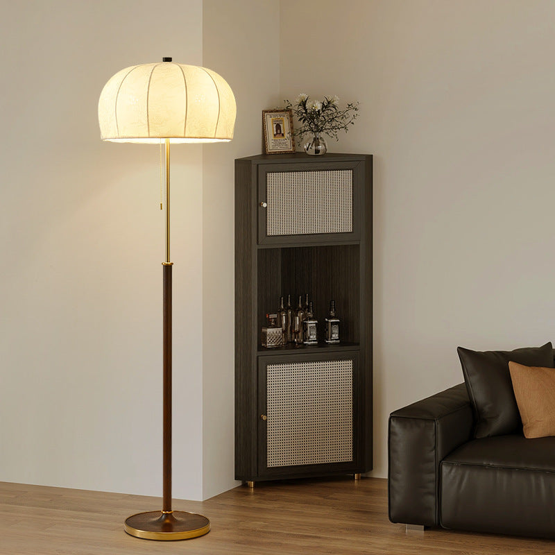 Traditional Vintage Jellyfish-Shaped Iron Ash Wood Fabric 3-Light Standing Floor Lamp For Bedroom