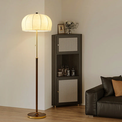 Traditional Vintage Jellyfish-Shaped Iron Ash Wood Fabric 3-Light Standing Floor Lamp For Bedroom