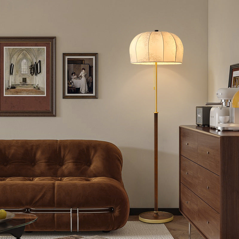 Traditional Vintage Jellyfish-Shaped Iron Ash Wood Fabric 3-Light Standing Floor Lamp For Bedroom