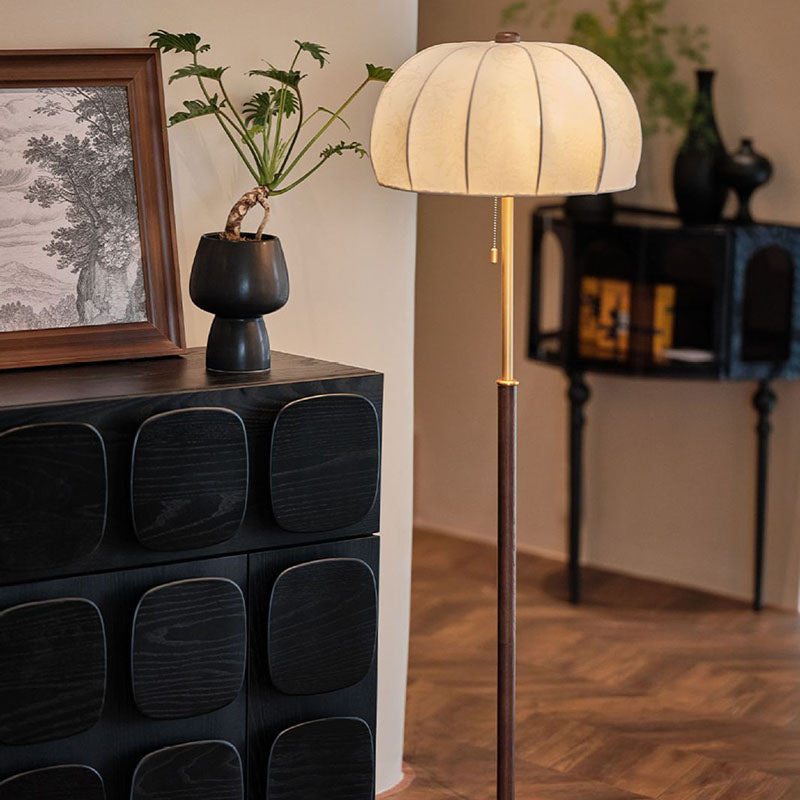 Traditional Vintage Jellyfish-Shaped Iron Ash Wood Fabric 3-Light Standing Floor Lamp For Bedroom