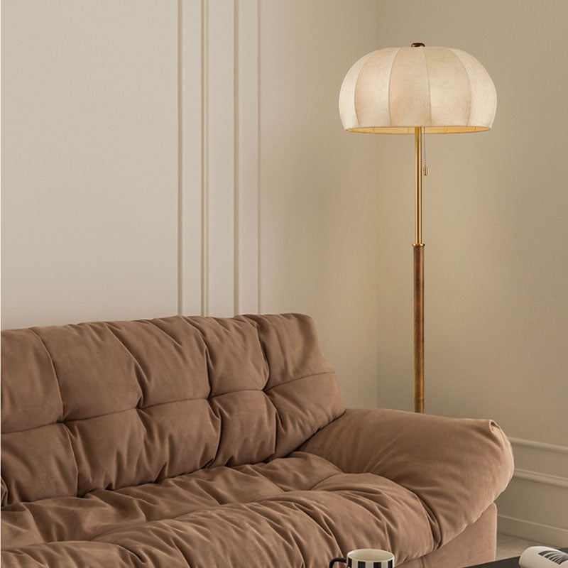 Traditional Vintage Jellyfish-Shaped Iron Ash Wood Fabric 3-Light Standing Floor Lamp For Bedroom