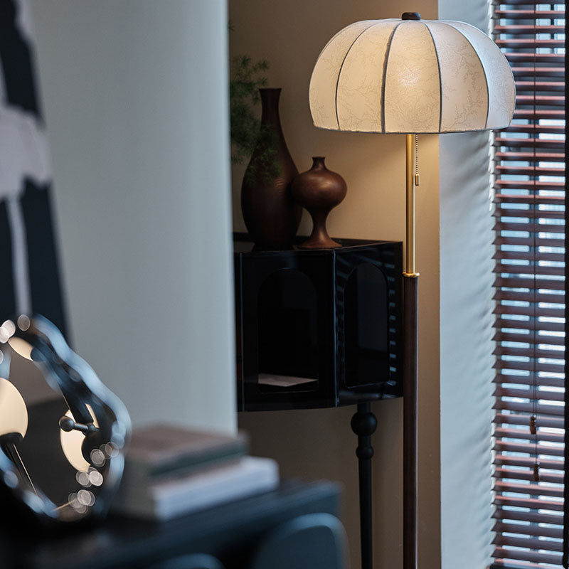 Traditional Vintage Jellyfish-Shaped Iron Ash Wood Fabric 3-Light Standing Floor Lamp For Bedroom