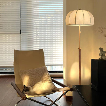 Traditional Vintage Jellyfish-Shaped Iron Ash Wood Fabric 3-Light Standing Floor Lamp For Bedroom