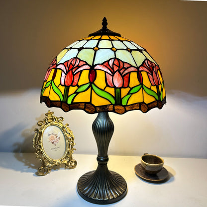 Traditional Tiffany Lines Flower Pattern Resin Glass 2-Light Table Lamp For Bedroom