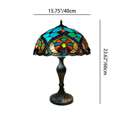 Traditional Tiffany Lines Flower Pattern Resin Glass 2-Light Table Lamp For Bedroom