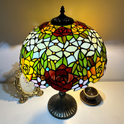 Traditional Tiffany Lines Flower Pattern Resin Glass 2-Light Table Lamp For Bedroom
