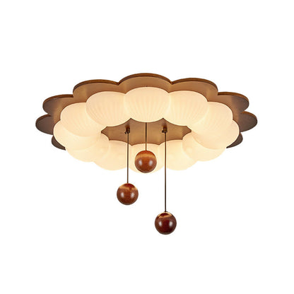 Traditional Vintage Flower Shape Ball Rubberwood Ash Wood Plastic LED Flush Mount Ceiling Light For Bedroom
