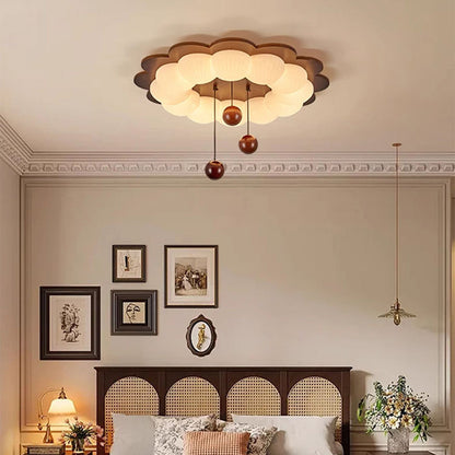 Traditional Vintage Flower Shape Ball Rubberwood Ash Wood Plastic LED Flush Mount Ceiling Light For Bedroom