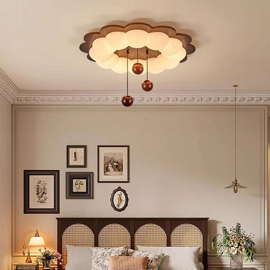 Traditional Vintage Flower Shape Ball Rubberwood Ash Wood Plastic LED Flush Mount Ceiling Light For Bedroom