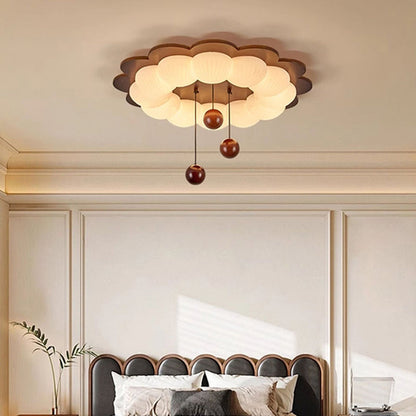 Traditional Vintage Flower Shape Ball Rubberwood Ash Wood Plastic LED Flush Mount Ceiling Light For Bedroom