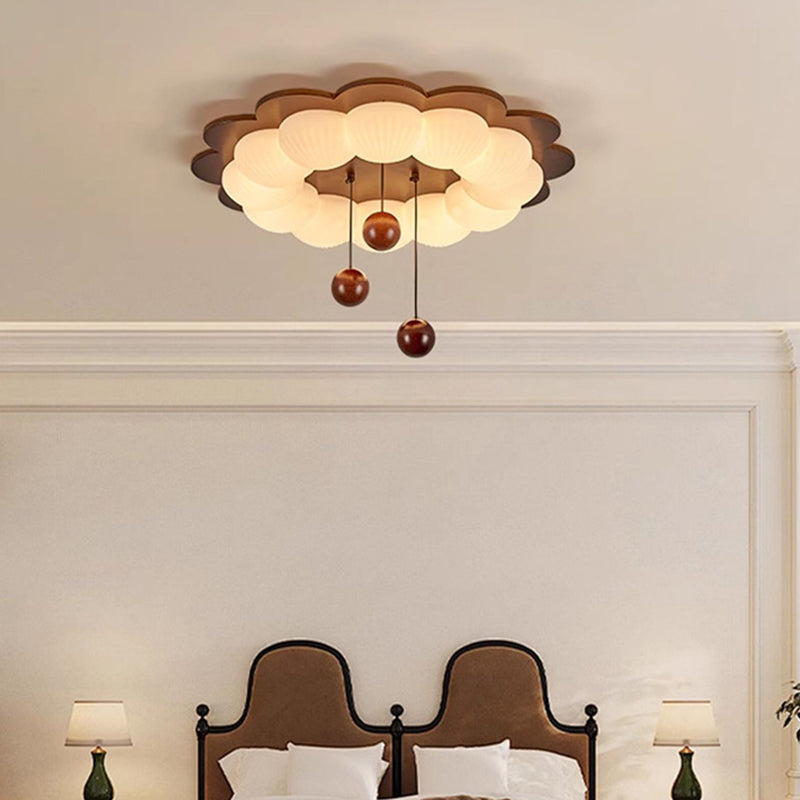 Traditional Vintage Flower Shape Ball Rubberwood Ash Wood Plastic LED Flush Mount Ceiling Light For Bedroom