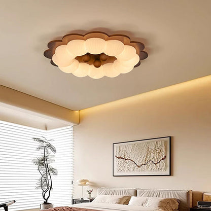 Traditional Vintage Flower Shape Ball Rubberwood Ash Wood Plastic LED Flush Mount Ceiling Light For Bedroom