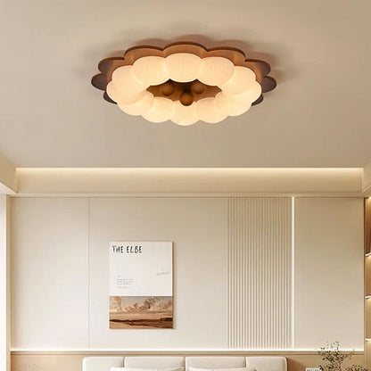 Traditional Vintage Flower Shape Ball Rubberwood Ash Wood Plastic LED Flush Mount Ceiling Light For Bedroom