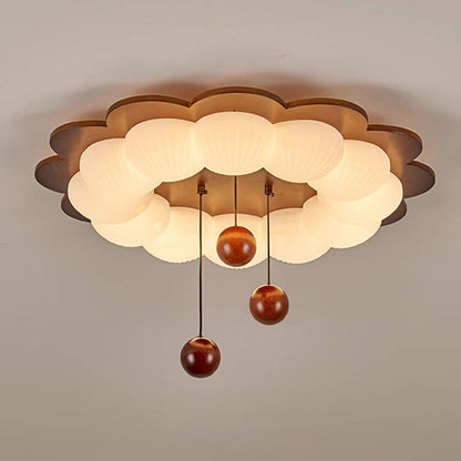 Traditional Vintage Flower Shape Ball Rubberwood Ash Wood Plastic LED Flush Mount Ceiling Light For Bedroom