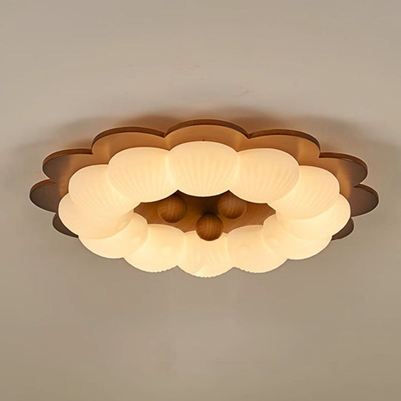 Traditional Vintage Flower Shape Ball Rubberwood Ash Wood Plastic LED Flush Mount Ceiling Light For Bedroom