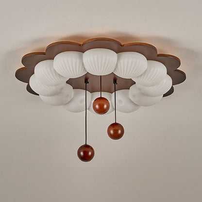 Traditional Vintage Flower Shape Ball Rubberwood Ash Wood Plastic LED Flush Mount Ceiling Light For Bedroom