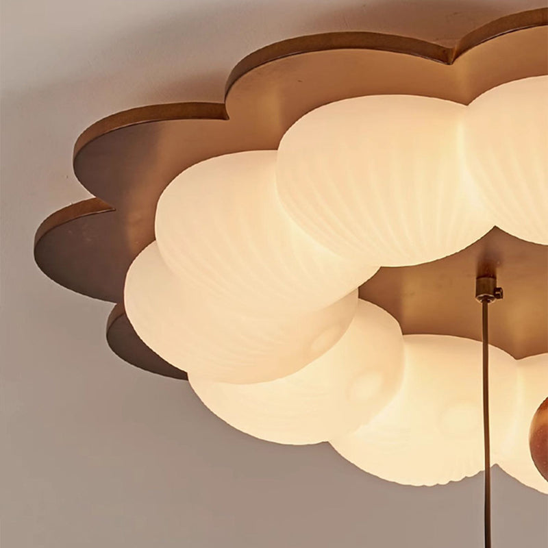 Traditional Vintage Flower Shape Ball Rubberwood Ash Wood Plastic LED Flush Mount Ceiling Light For Bedroom