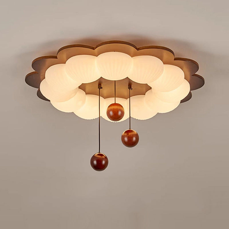 Traditional Vintage Flower Shape Ball Rubberwood Ash Wood Plastic LED Flush Mount Ceiling Light For Bedroom