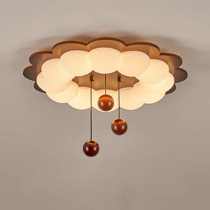 Traditional Vintage Flower Shape Ball Rubberwood Ash Wood Plastic LED Flush Mount Ceiling Light For Bedroom