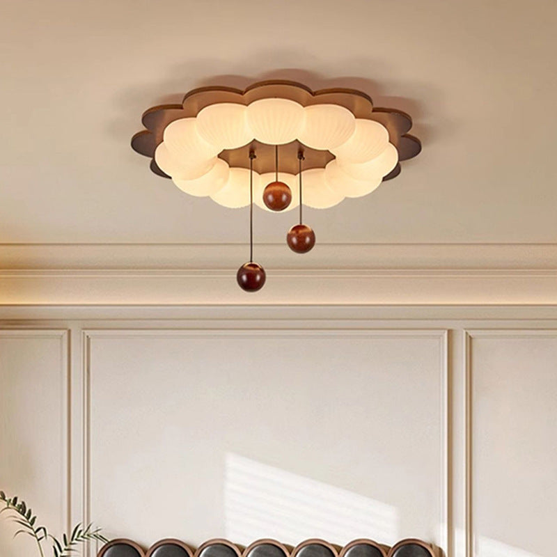 Traditional Vintage Flower Shape Ball Rubberwood Ash Wood Plastic LED Flush Mount Ceiling Light For Bedroom