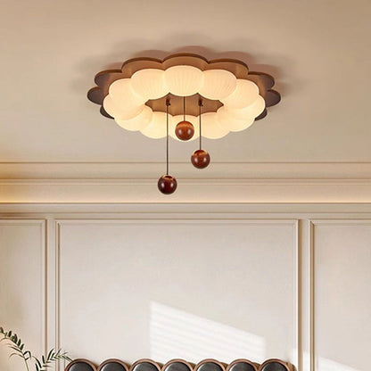 Traditional Vintage Flower Shape Ball Rubberwood Ash Wood Plastic LED Flush Mount Ceiling Light For Bedroom