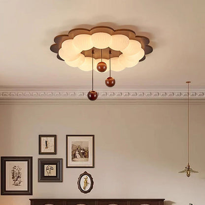 Traditional Vintage Flower Shape Ball Rubberwood Ash Wood Plastic LED Flush Mount Ceiling Light For Bedroom