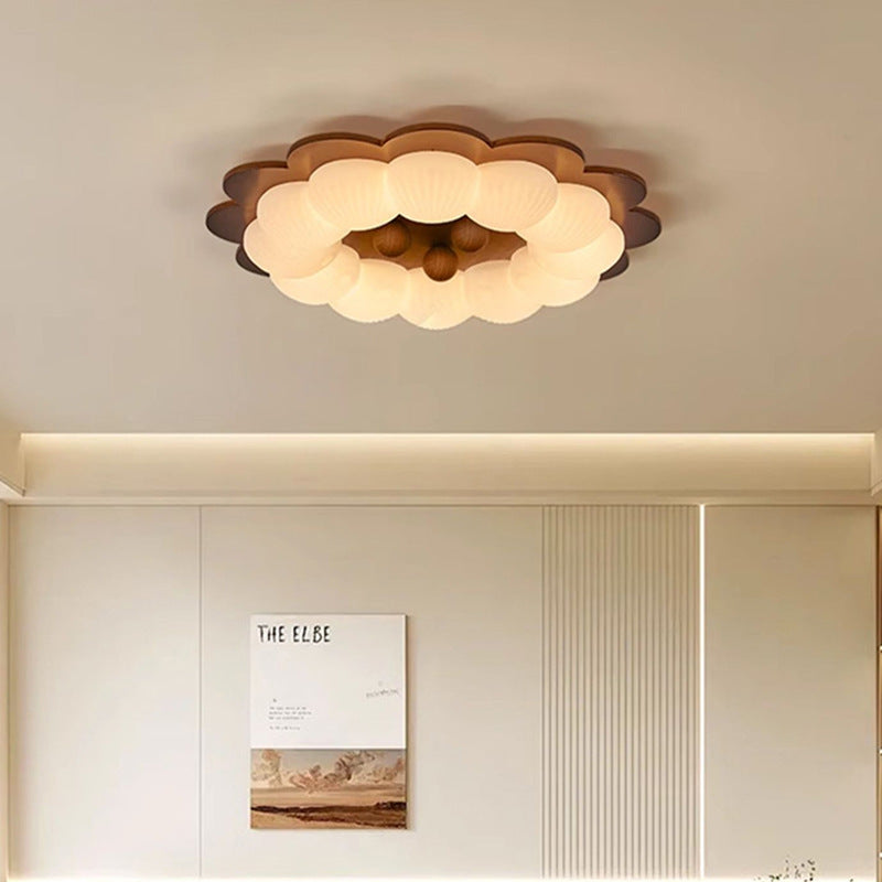 Traditional Vintage Flower Shape Ball Rubberwood Ash Wood Plastic LED Flush Mount Ceiling Light For Bedroom