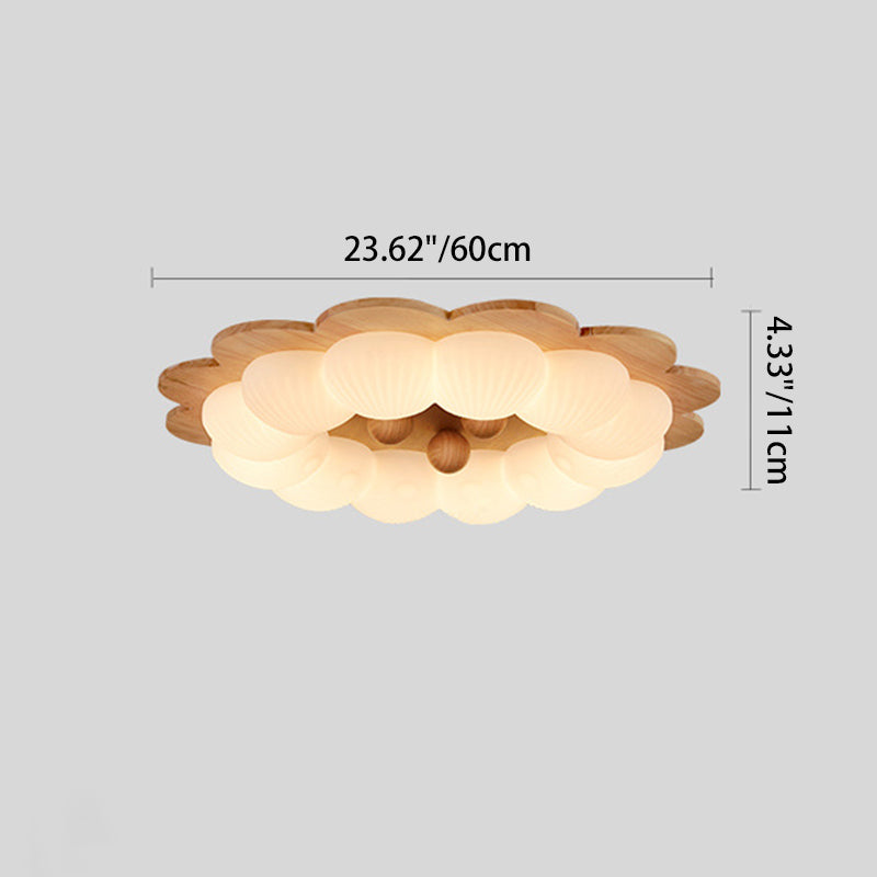 Traditional Vintage Flower Shape Ball Rubberwood Ash Wood Plastic LED Flush Mount Ceiling Light For Bedroom