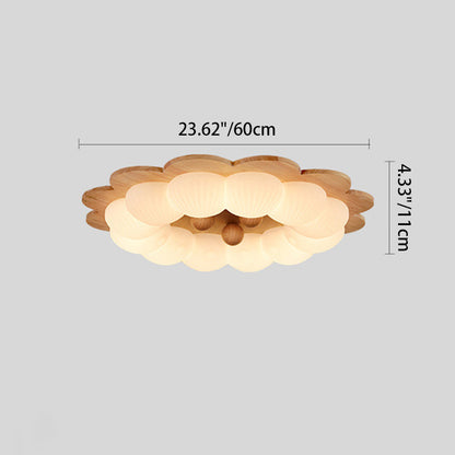 Traditional Vintage Flower Shape Ball Rubberwood Ash Wood Plastic LED Flush Mount Ceiling Light For Bedroom