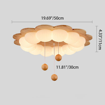 Traditional Vintage Flower Shape Ball Rubberwood Ash Wood Plastic LED Flush Mount Ceiling Light For Bedroom