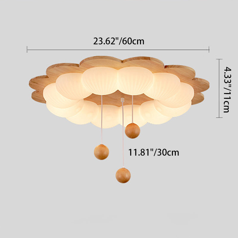 Traditional Vintage Flower Shape Ball Rubberwood Ash Wood Plastic LED Flush Mount Ceiling Light For Bedroom