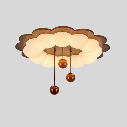 Traditional Vintage Flower Shape Ball Rubberwood Ash Wood Plastic LED Flush Mount Ceiling Light For Bedroom
