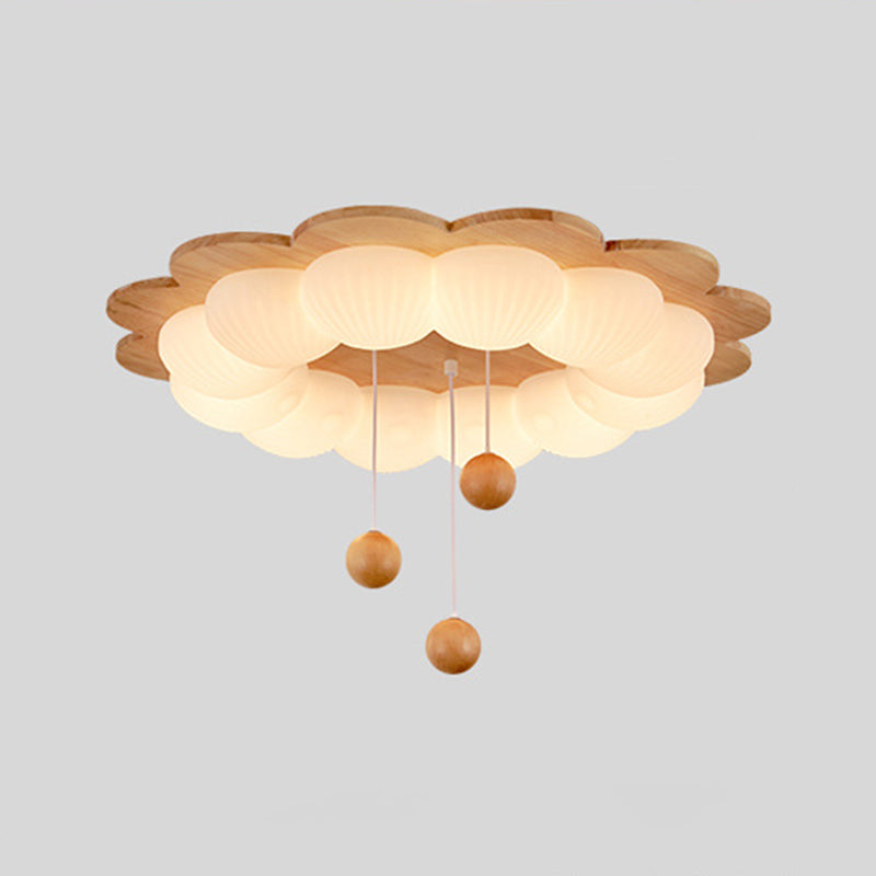Traditional Vintage Flower Shape Ball Rubberwood Ash Wood Plastic LED Flush Mount Ceiling Light For Bedroom