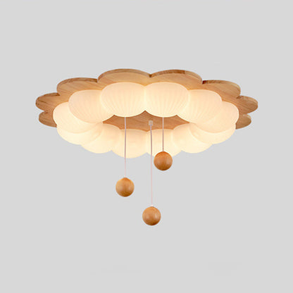 Traditional Vintage Flower Shape Ball Rubberwood Ash Wood Plastic LED Flush Mount Ceiling Light For Bedroom