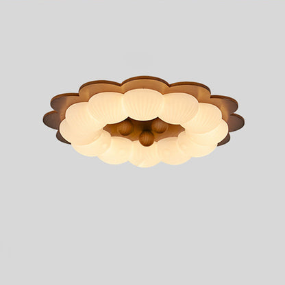 Traditional Vintage Flower Shape Ball Rubberwood Ash Wood Plastic LED Flush Mount Ceiling Light For Bedroom