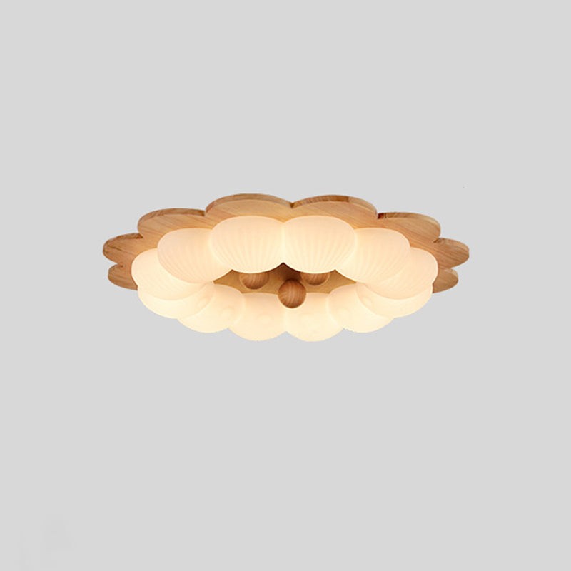 Traditional Vintage Flower Shape Ball Rubberwood Ash Wood Plastic LED Flush Mount Ceiling Light For Bedroom