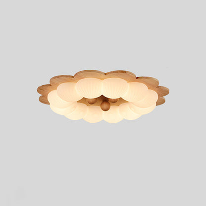 Traditional Vintage Flower Shape Ball Rubberwood Ash Wood Plastic LED Flush Mount Ceiling Light For Bedroom