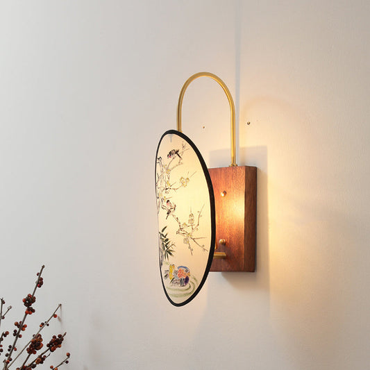 Traditional Chinese Oval Flower And Bird Patterned Hawthorn Wood Brass Fabric 1-Light Wall Sconce Lamp For Bedroom