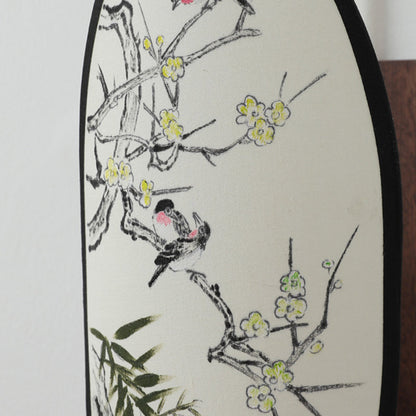 Traditional Chinese Oval Flower And Bird Patterned Hawthorn Wood Brass Fabric 1-Light Wall Sconce Lamp For Bedroom
